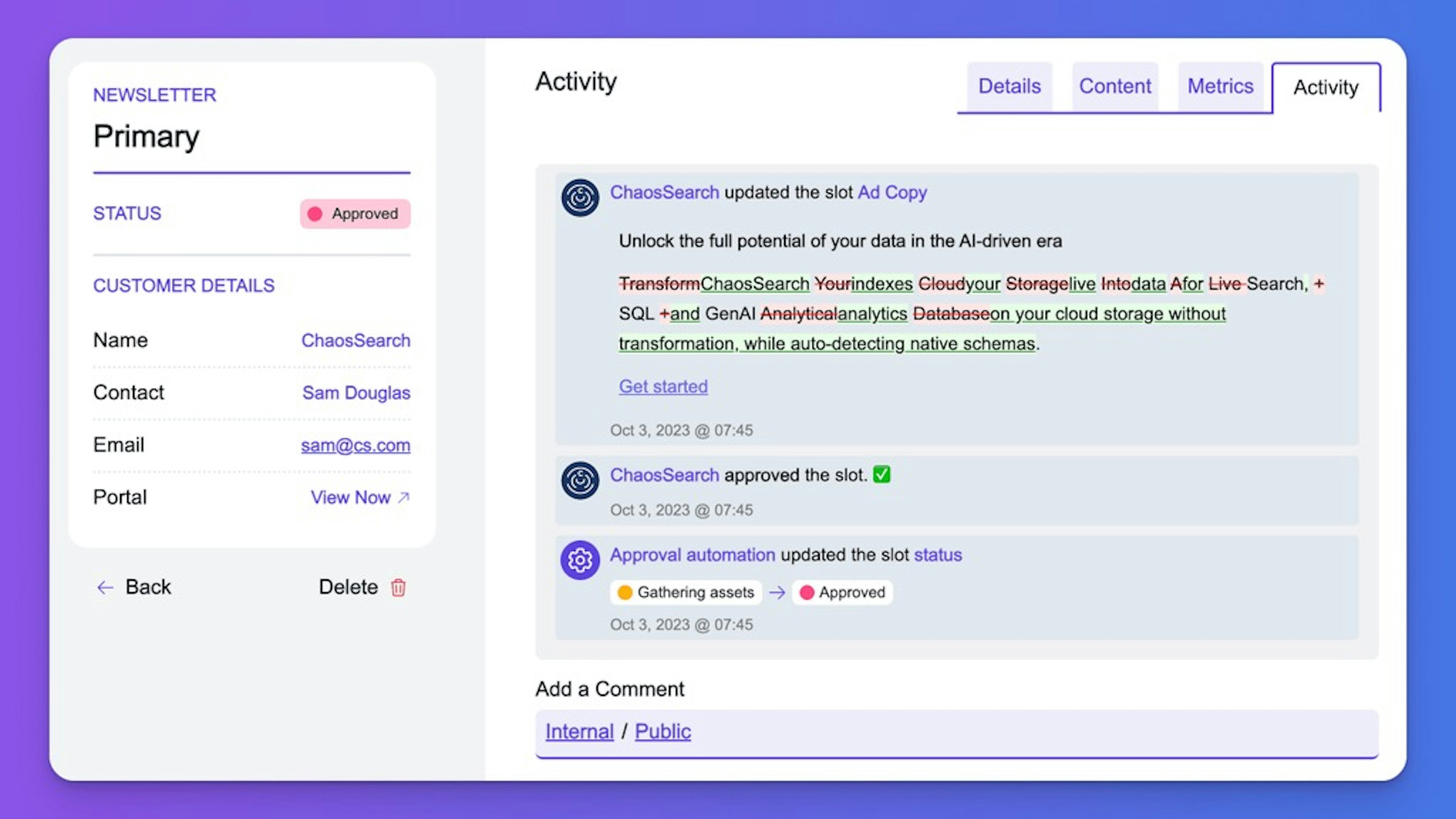 Inspect the history of any ad, including copy changes, with Sponsy's slot activity.